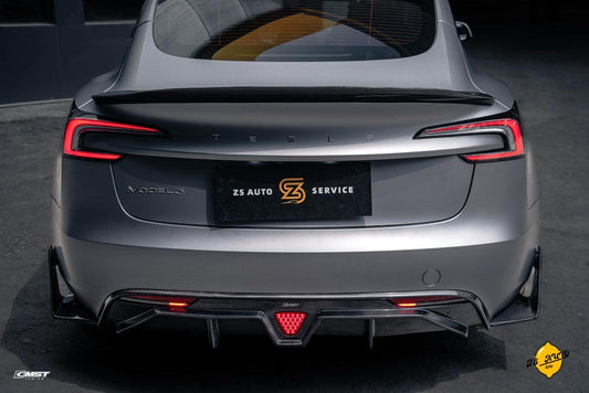 Tesla Model 3 Highland / Performance 2024-ON with Aftermarket Parts - V1 Style Rear Diffuser & Canards Carbon Fiber from CMST Tuning