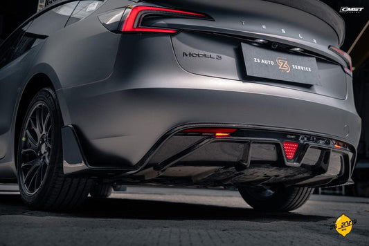 Tesla Model 3 Highland / Performance 2024-ON with Aftermarket Parts - V1 Style Rear Diffuser & Canards Carbon Fiber from CMST Tuning