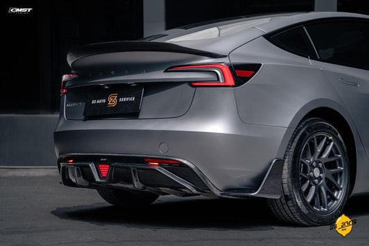 Tesla Model 3 Highland / Performance 2024-ON with Aftermarket Parts - V1 Style Rear Diffuser & Canards Carbon Fiber from CMST Tuning