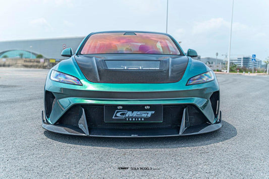 Tesla Model 3 Highland 2024-ON with Aftermarket Parts - Horizon Style Front Bumper & Lip Carbon Fiber / FRP from CMST Tuning