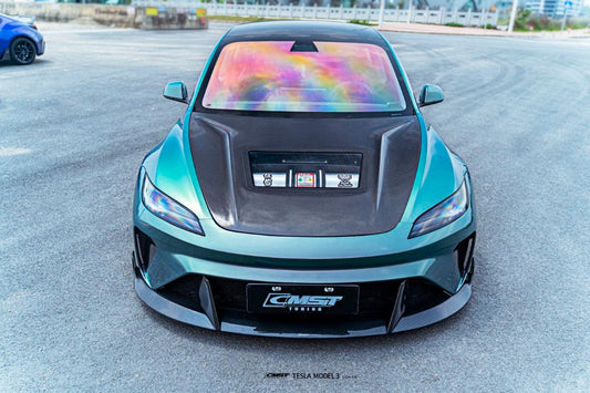 Tesla Model 3 Highland 2024-ON with Aftermarket Parts - Horizon Style Front Bumper & Lip Carbon Fiber / FRP from CMST Tuning