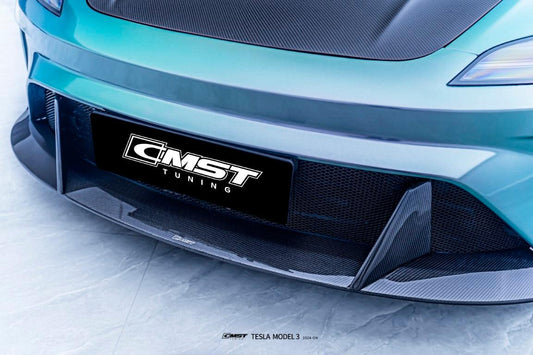 Tesla Model 3 Highland 2024-ON with Aftermarket Parts - Horizon Style Front Bumper & Lip Carbon Fiber / FRP from CMST Tuning