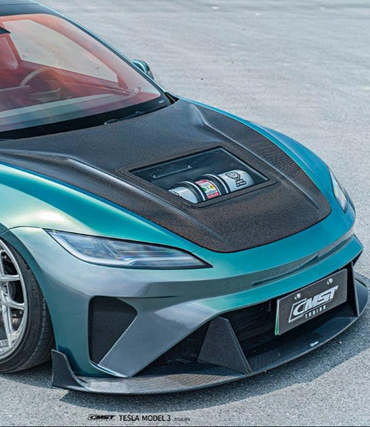 Tesla Model 3 Highland 2024-ON with Aftermarket Parts - Horizon Style Front Bumper & Lip Carbon Fiber / FRP from CMST Tuning