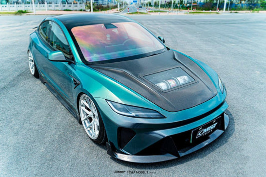 Tesla Model 3 Highland 2024-ON with Aftermarket Parts - Horizon Style Front Bumper & Lip Carbon Fiber / FRP from CMST Tuning