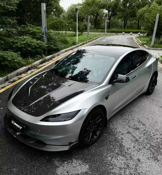 Tesla Model 3 Highland / Performance 2024-ON with Aftermarket Parts - V1 Style Hood Bonnet Carbon Fiber / FRP from CMST Tuning