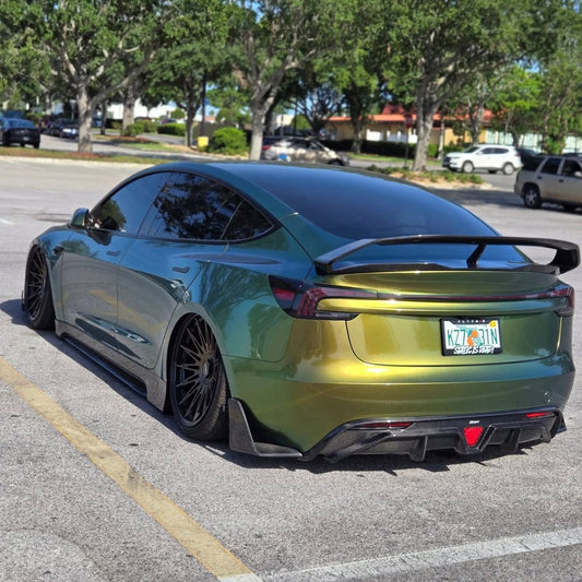 Tesla Model 3 Highland / Performance 2024-ON with Aftermarket Parts - V1 Style Rear Diffuser & Canards Carbon Fiber from CMST Tuning