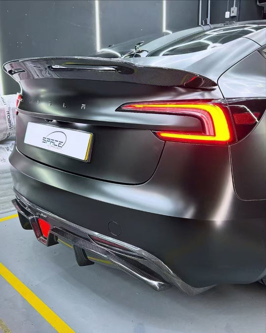 Tesla Model 3 Highland / Performance 2024-ON with Aftermarket Parts - V1 Style Rear Diffuser & Canards Carbon Fiber from CMST Tuning