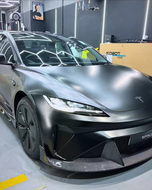 Tesla Model 3 Highland 2024-ON with Aftermarket Parts - Horizon Style Front Bumper & Lip Carbon Fiber / FRP from CMST Tuning