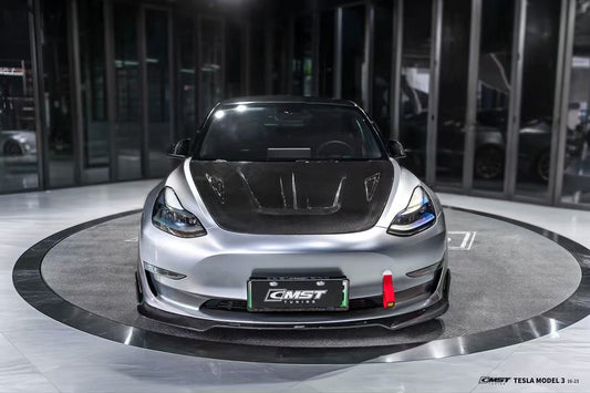 Tesla Model 3 Performance Long Range Standard Base 2017 2018 2019 2020 2021 2022 2023 with Aftermarket Parts - V1 Hood Bonnet Carbon Fiber / FRP from CMST Tuning