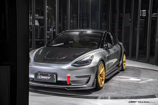 Tesla Model 3 Performance Long Range Standard Base 2017 2018 2019 2020 2021 2022 2023 with Aftermarket Parts - V1 Hood Bonnet Carbon Fiber / FRP from CMST Tuning