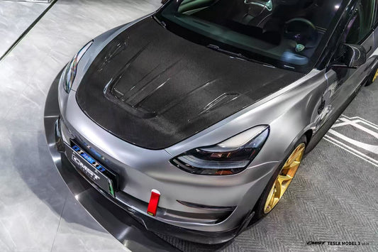 Tesla Model 3 Performance Long Range Standard Base 2017 2018 2019 2020 2021 2022 2023 with Aftermarket Parts - V1 Hood Bonnet Carbon Fiber / FRP from CMST Tuning