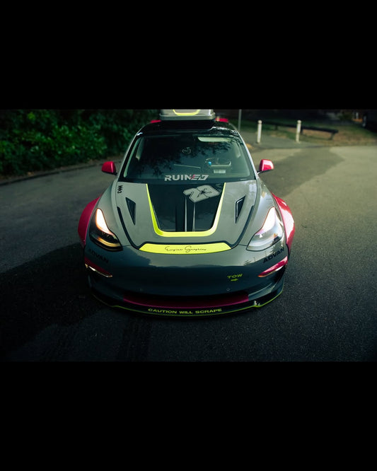 Tesla Model 3 Performance Long Range Standard Base 2017 2018 2019 2020 2021 2022 2023 with Aftermarket Parts - V1 Hood Bonnet Carbon Fiber / FRP from CMST Tuning