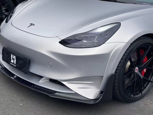 Tesla Model 3 Performance Long Range Standard Base 2017-2023 with Aftermarket Parts - V2 Style Front Bumper & Lip Splitter Carbon Fiber / FRP from CMST Tuning