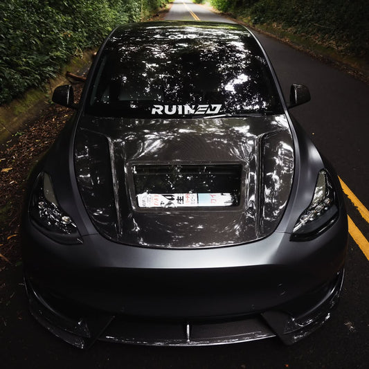 Tesla Model 3 Performance Long Range Standard Base 2017 2018 2019 2020 2021 2022 2023 with Aftermarket Parts - V3 Hood Bonnet Carbon Fiber / FRP from CMST Tuning