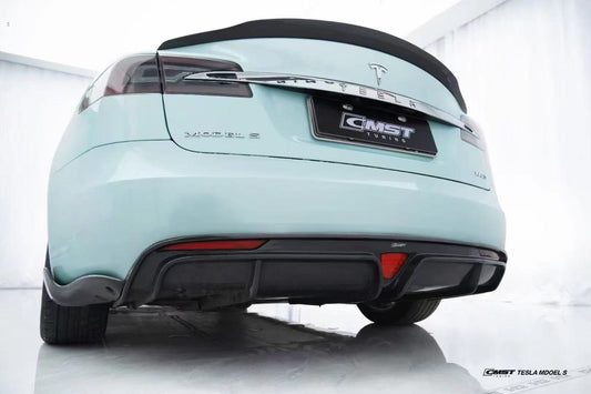 Tesla Model S 2nd Gen late 2016-early 2021 with Aftermarket Parts - Rear Diffuser & Canards Carbon Fiber / FRP from CMST Tuning