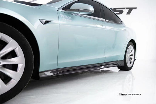 Tesla Model S 2nd Gen late 2016-early 2021 with Aftermarket Parts - V1 Style Side Skirts Carbon Fiber / FRP from CMST Tuning