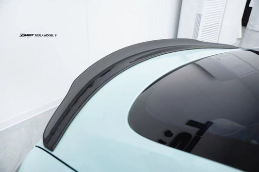 Tesla Model S 1st & 2nd Gen 2012-early 2021 with Aftermarket Parts - Rear Duck Bill Tail Spoiler Carbon Fiber / FRP from CMST Tuning