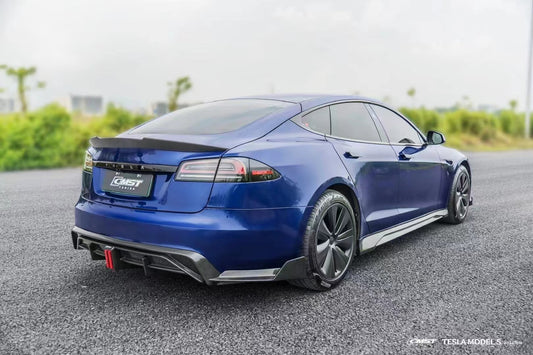 Tesla Model S 3rd Gen late 2021 2022 2023 2024 with Aftermarket Parts - Rear Diffuser & Canards Carbon Fiber / FRP from CMST Tuning