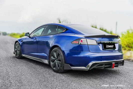 Tesla Model S 3rd Gen late 2021 2022 2023 2024 with Aftermarket Parts - Rear Diffuser & Canards Carbon Fiber / FRP from CMST Tuning
