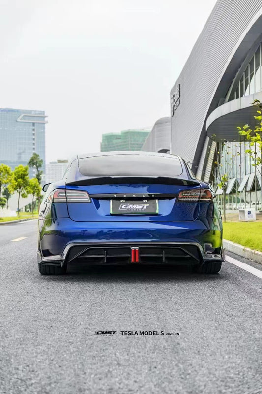 Tesla Model S 3rd Gen late 2021 2022 2023 2024 with Aftermarket Parts - Rear Diffuser & Canards Carbon Fiber / FRP from CMST Tuning