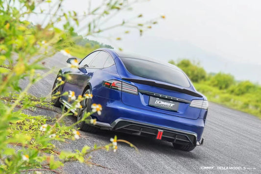 Tesla Model S 3rd Gen late 2021 2022 2023 2024 with Aftermarket Parts - Rear Diffuser & Canards Carbon Fiber / FRP from CMST Tuning