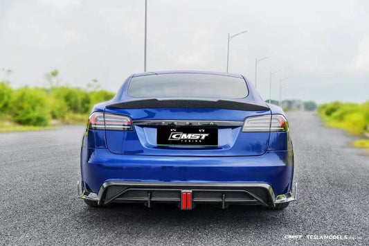 Tesla Model S 3rd Gen late 2021 2022 2023 2024 with Aftermarket Parts - Rear Diffuser & Canards Carbon Fiber / FRP from CMST Tuning