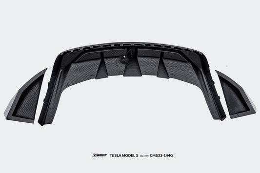 Tesla Model S 3rd Gen late 2021 2022 2023 2024 with Aftermarket Parts - Rear Diffuser & Canards Carbon Fiber / FRP from CMST Tuning