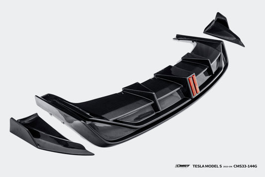Tesla Model S 3rd Gen late 2021 2022 2023 2024 with Aftermarket Parts - Rear Diffuser & Canards Carbon Fiber / FRP from CMST Tuning