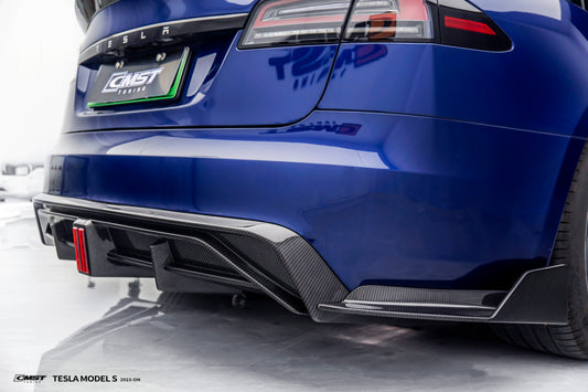 Tesla Model S 3rd Gen late 2021 2022 2023 2024 with Aftermarket Parts - Rear Diffuser & Canards Carbon Fiber / FRP from CMST Tuning