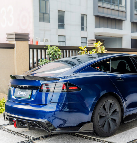 Tesla Model S 3rd Gen late 2021 2022 2023 2024 with Aftermarket Parts - Rear Diffuser & Canards Carbon Fiber / FRP from CMST Tuning