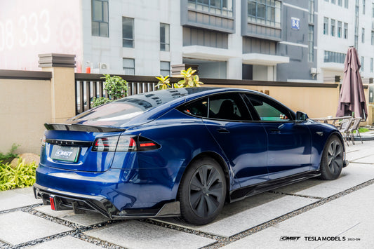 Tesla Model S 3rd Gen late 2021 2022 2023 2024 with Aftermarket Parts - Rear Diffuser & Canards Carbon Fiber / FRP from CMST Tuning
