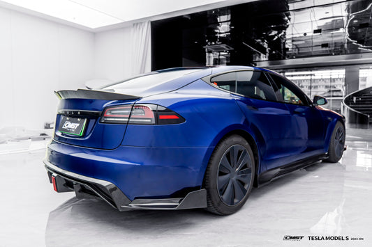 Tesla Model S 3rd Gen late 2021 2022 2023 2024 with Aftermarket Parts - Rear Diffuser & Canards Carbon Fiber / FRP from CMST Tuning
