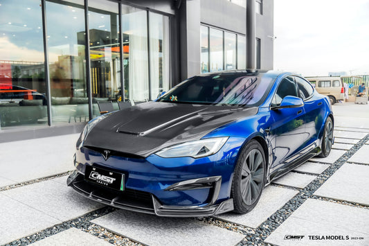 Tesla Model S 3rd Gen late 2021 2022 2023 2024 with Aftermarket Parts - V2 Carbon Hood Carbon Fiber / FRP from CMST Tuning