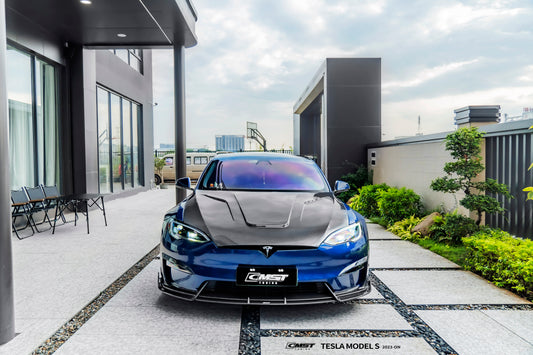 Tesla Model S 3rd Gen late 2021 2022 2023 2024 with Aftermarket Parts - V2 Carbon Hood Carbon Fiber / FRP from CMST Tuning
