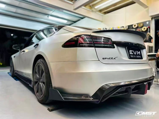 Tesla Model S 3rd Gen late 2021 2022 2023 2024 with Aftermarket Parts - Rear Diffuser & Canards Carbon Fiber / FRP from CMST Tuning