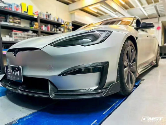 Tesla Model 3 Highland 2024-ON with Aftermarket Parts - Horizon Style Front Bumper & Lip Carbon Fiber / FRP from CMST Tuning