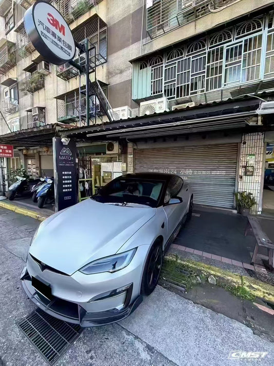 Tesla Model 3 Highland 2024-ON with Aftermarket Parts - Horizon Style Front Bumper & Lip Carbon Fiber / FRP from CMST Tuning