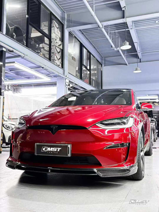 Tesla Model X P100D 100D 90D 75D 60D Performance Long Range Base 2016-2021 with Aftermarket Parts - Front Lip Splitter Carbon Fiber / FRP from CMST Tuning
