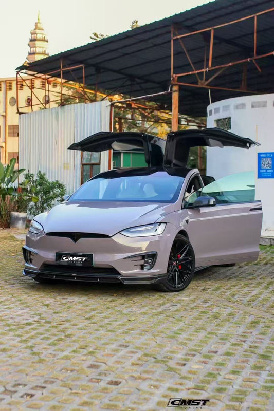 Tesla Model X P100D 100D 90D 75D 60D Performance Long Range Base 2016-2021 with Aftermarket Parts - Front Lip Splitter Carbon Fiber / FRP from CMST Tuning
