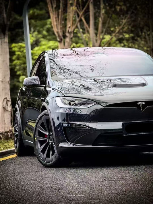 Tesla Model X Plaid Long Range Base 2022 2023 2024 with Aftermarket Parts - Hood Bonnet Carbon Fiber FRP