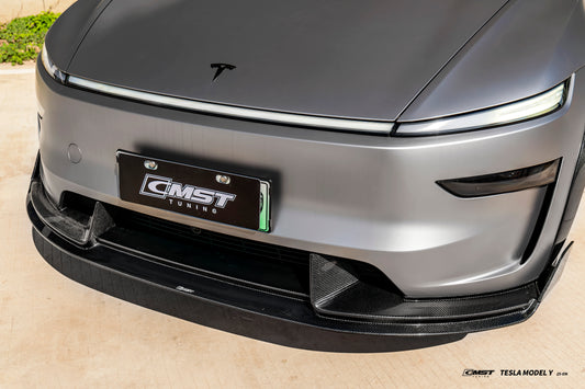 Tesla Model Y Juniper Base 2026-ON with Aftermarket Parts - Front Lip & Canards Carbon Fiber / FRP from CMST Tuning