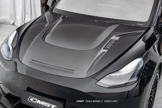 Tesla Model Y Performance AWD Long Range RWD Standard 2020 2021 2022 2023 2024 2025 with Aftermarket Parts - V6 Hood Carbon Fiber / FRP from CMST Tuning