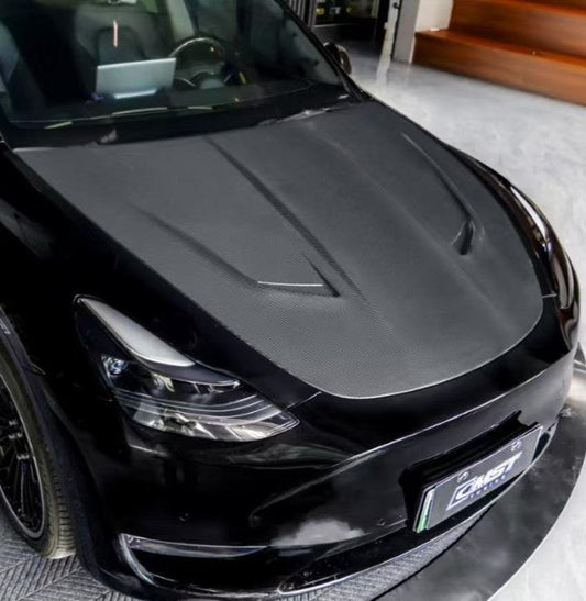 Tesla Model Y Performance AWD Long Range RWD Standard 2020 2021 2022 2023 2024 with Aftermarket Parts - V4 Hood Bonnet Carbon Fiber / FRP from CMST Tuning