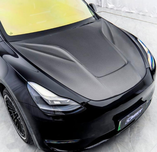 Tesla Model Y Performance AWD Long Range RWD Standard 2020 2021 2022 2023 2024 with Aftermarket Parts - V5 Hood Bonnet Carbon Fiber / FRP from CMST Tuning