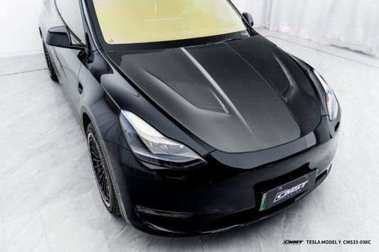 Tesla Model Y Performance AWD Long Range RWD Standard 2020 2021 2022 2023 2024 with Aftermarket Parts - V4 Hood Bonnet Carbon Fiber / FRP from CMST Tuning