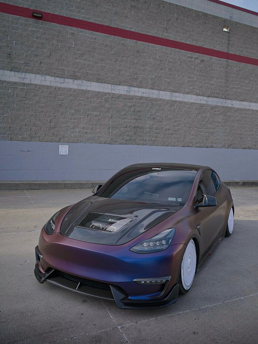 Tesla Model Y Performance AWD Long Range RWD Standard 2020 2021 2022 2023 2024 with Aftermarket Parts - V3 Tempered Glass Clearview Hood Bonnet Carbon Fiber / FRP from CMST Tuning