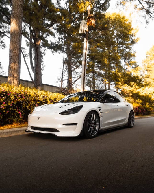 Tesla Model 3 Performance Long Range Standard Base 2017-2023 with Aftermarket Parts - V1 Style Front Lip Splitter Carbon Fiber / FRP from CMST Tuning