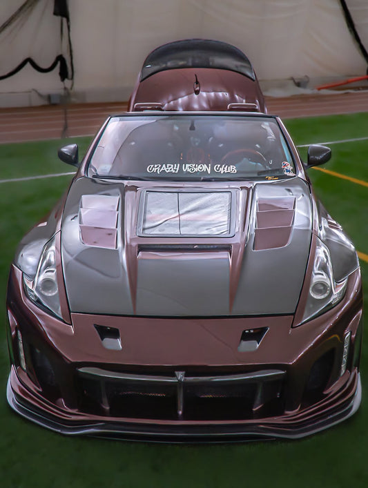 Nissan 370Z Nismo Sport Touring Base Fairlady Z Z34 2009 2010 2011 2012 2013 2014 2015 2016 2017 2018 2019 2020 with Aftermarket Parts - V1 Glass Clearview Hood Bonnet Carbon Fiber / FRP from CMST Tuning