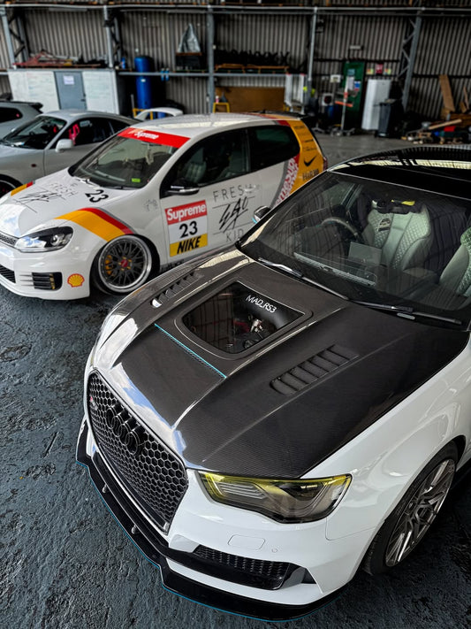 Audi RS3 S3 A3 8V / 8V.5 2014 2015 2016 2017 2018 2019 2020 with Aftermarket Parts - V3 Hood Bonnet Carbon Fiber / FRP from CMST Tuning
