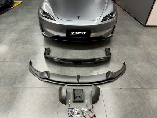 Tesla Model 3 Performance 2024-ON with Aftermarket Parts - V2 Front Lip Carbon Fiber / FRP from CMST Tuning